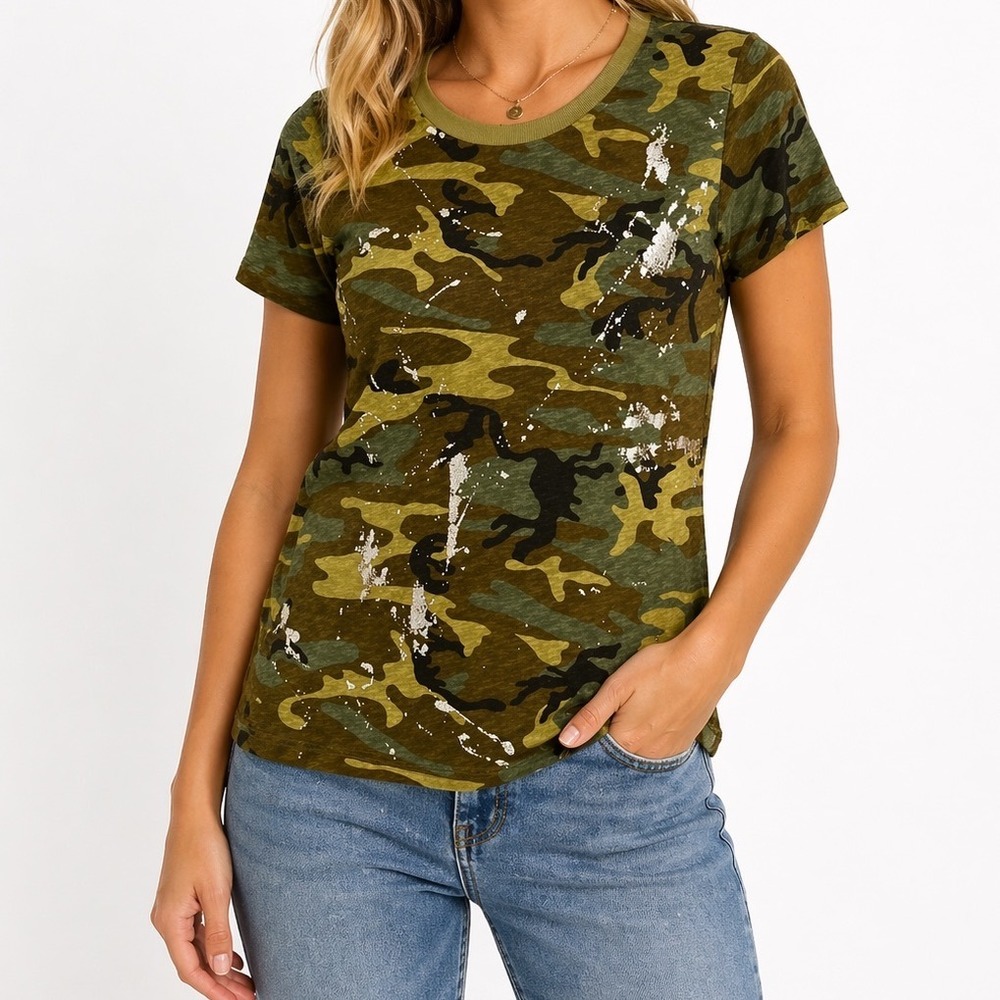 J Crew Mercantile Camouflage Metallic 100% Cotton T Shirt Grunge Y2K Inspired S